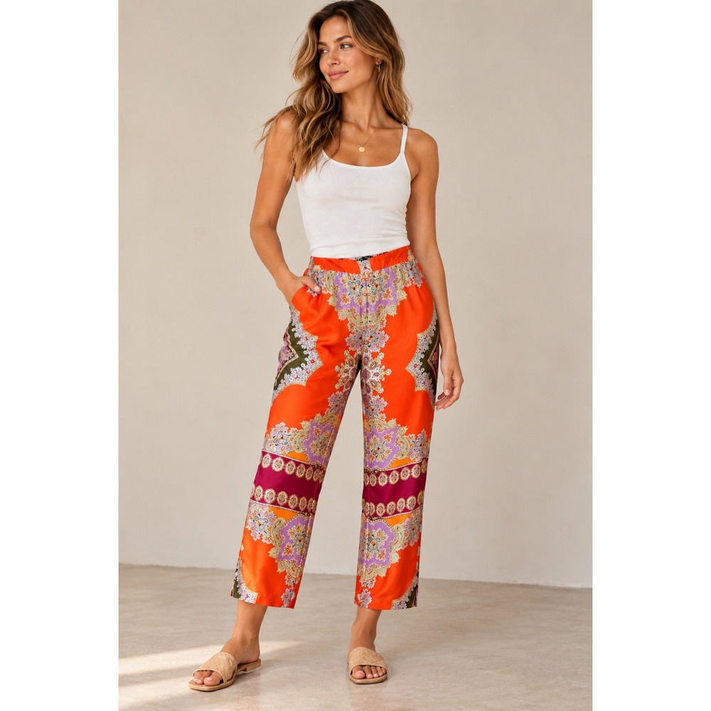 Zara Orange Paisley Satin Pants Wide Leg Boho Scarf Print Size L